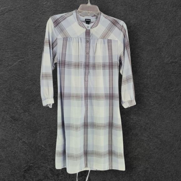 Patagonia Dress Women's Sz 2 Mini Plaid 3/4 Sleeve Tie Waist Flannel - Picture 2 of 5